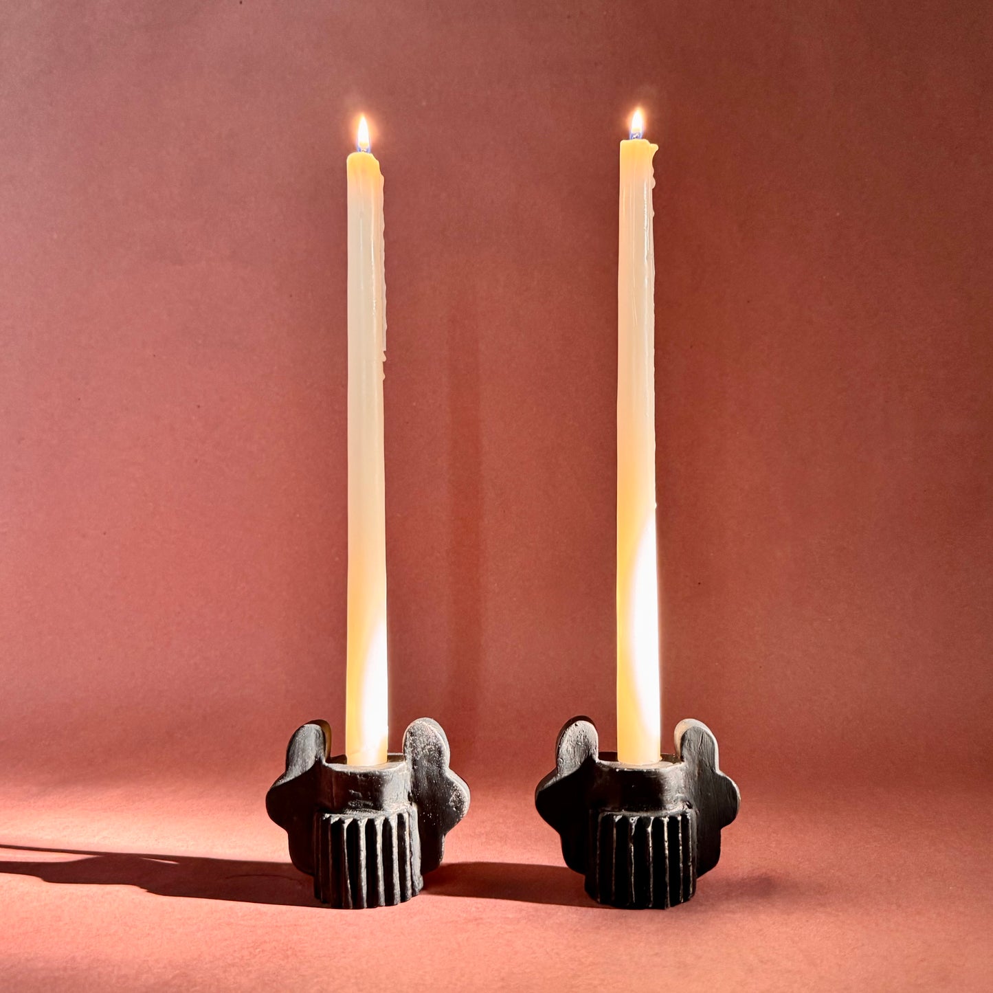 TWIN OAK LEAF CANDLESTICK PAIR - COAL BLACK