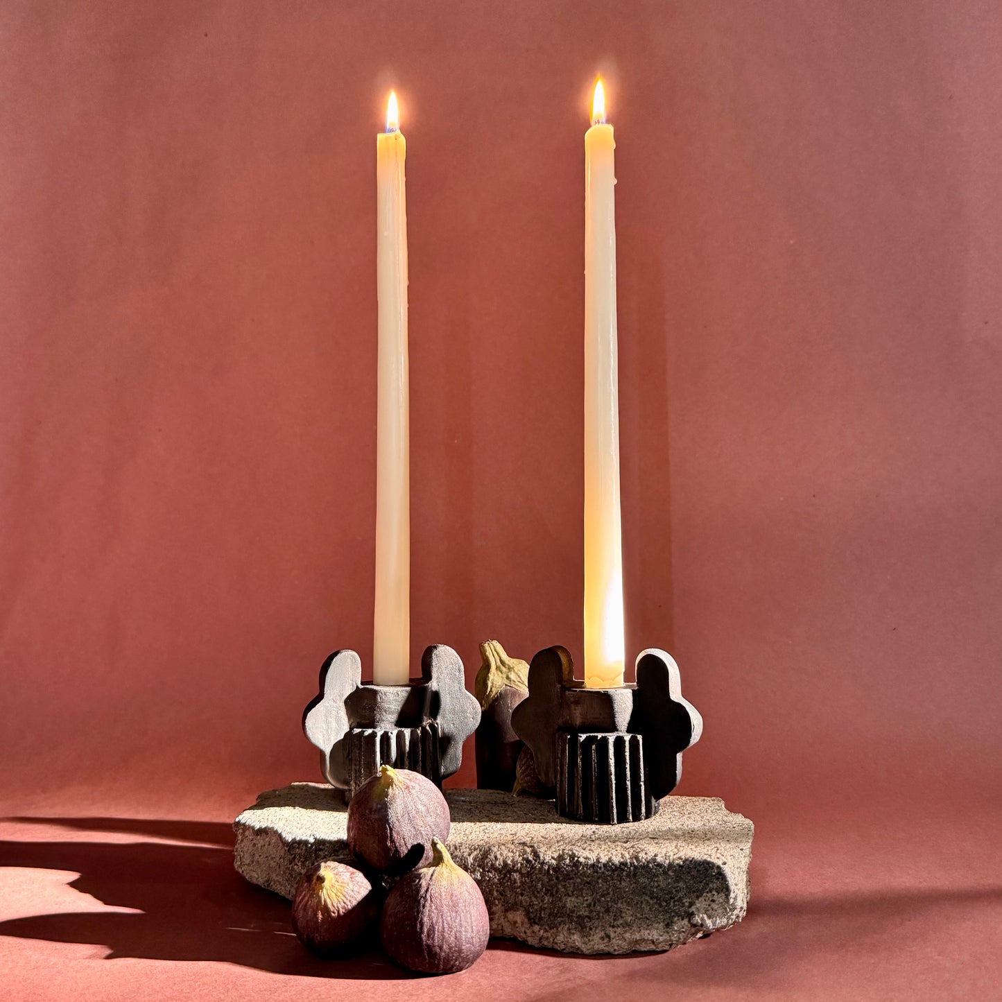 TWIN OAK LEAF CANDLESTICK PAIR - COAL BLACK