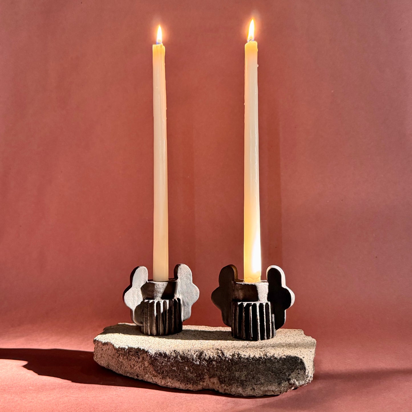 TWIN OAK LEAF CANDLESTICK PAIR - COAL BLACK