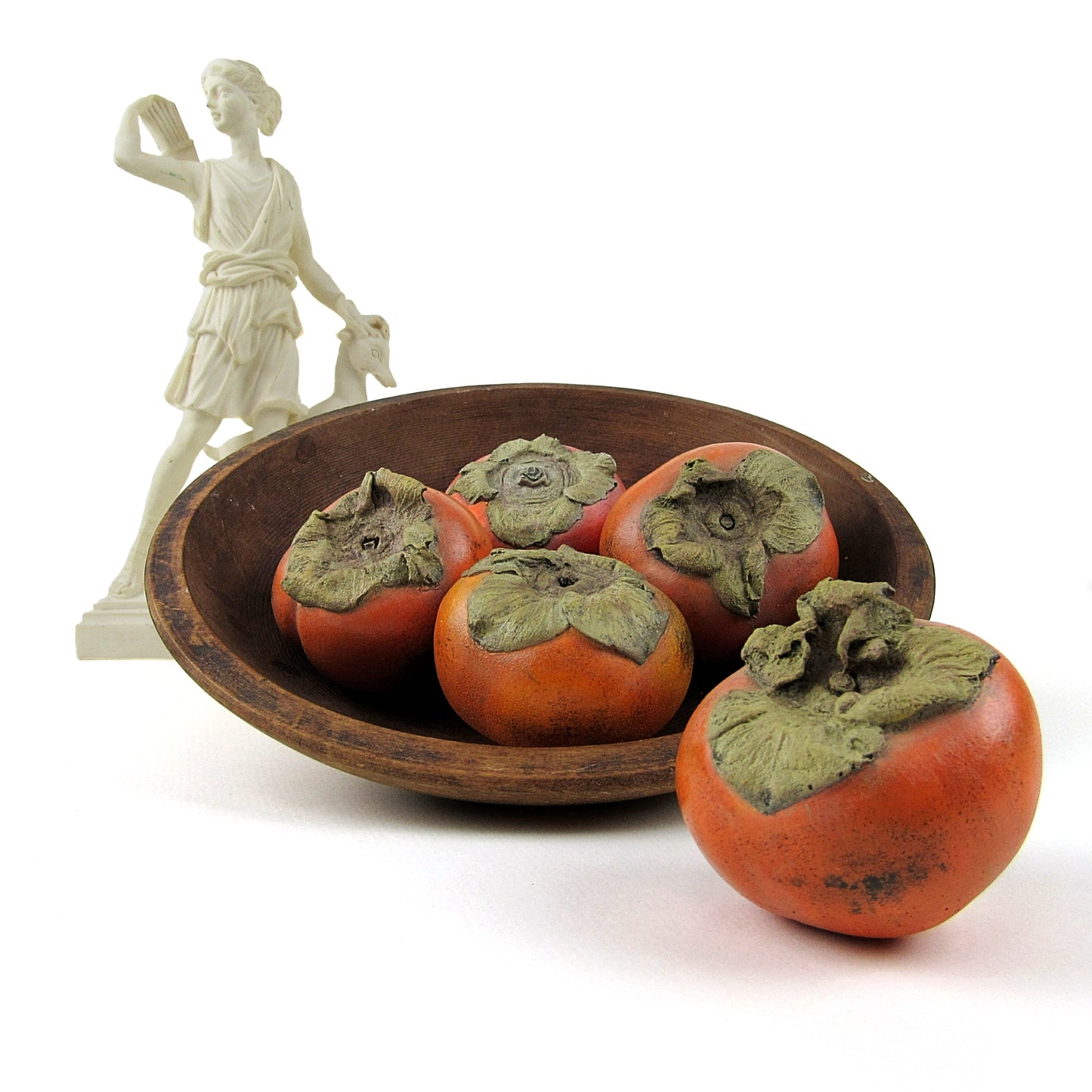 Persimmons made of plaster and hand painted  in a wooden bowl