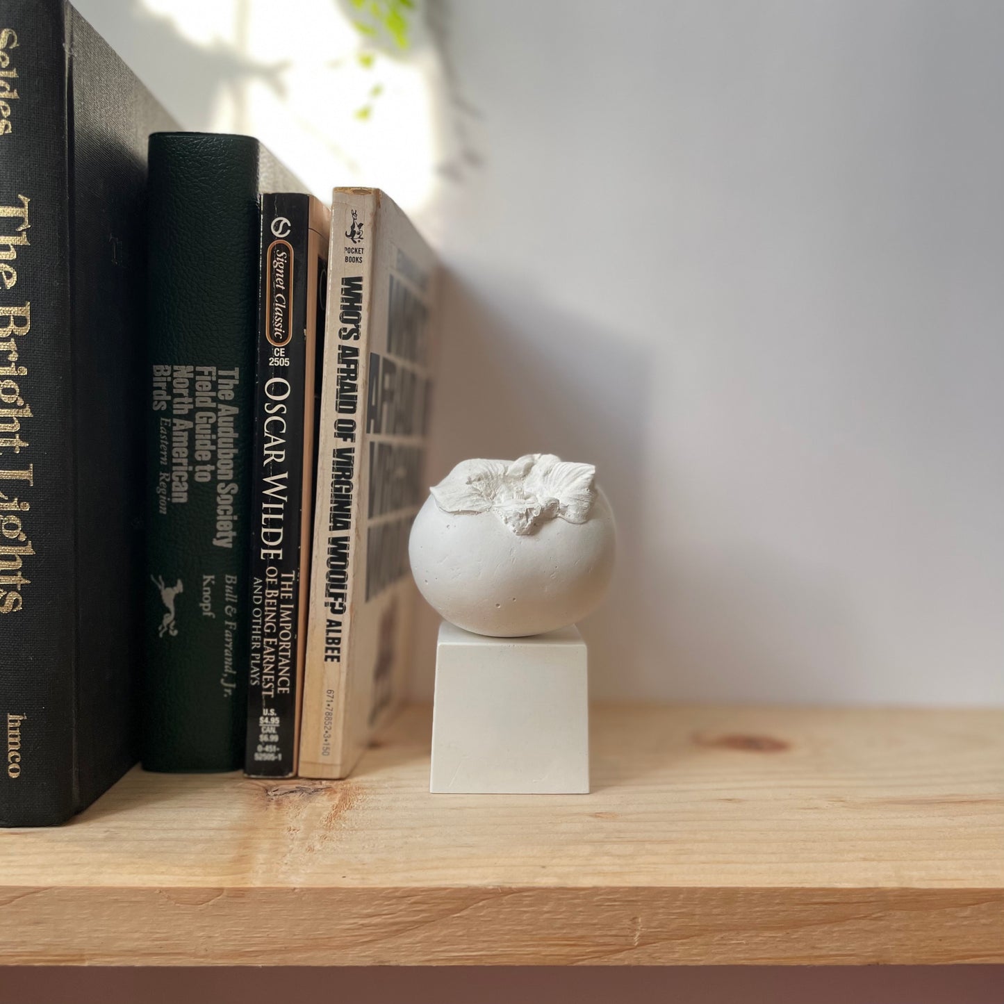 Persimmon made of plaster and fake fruit is all white. Placed on a cube pedestal on a bookshelf